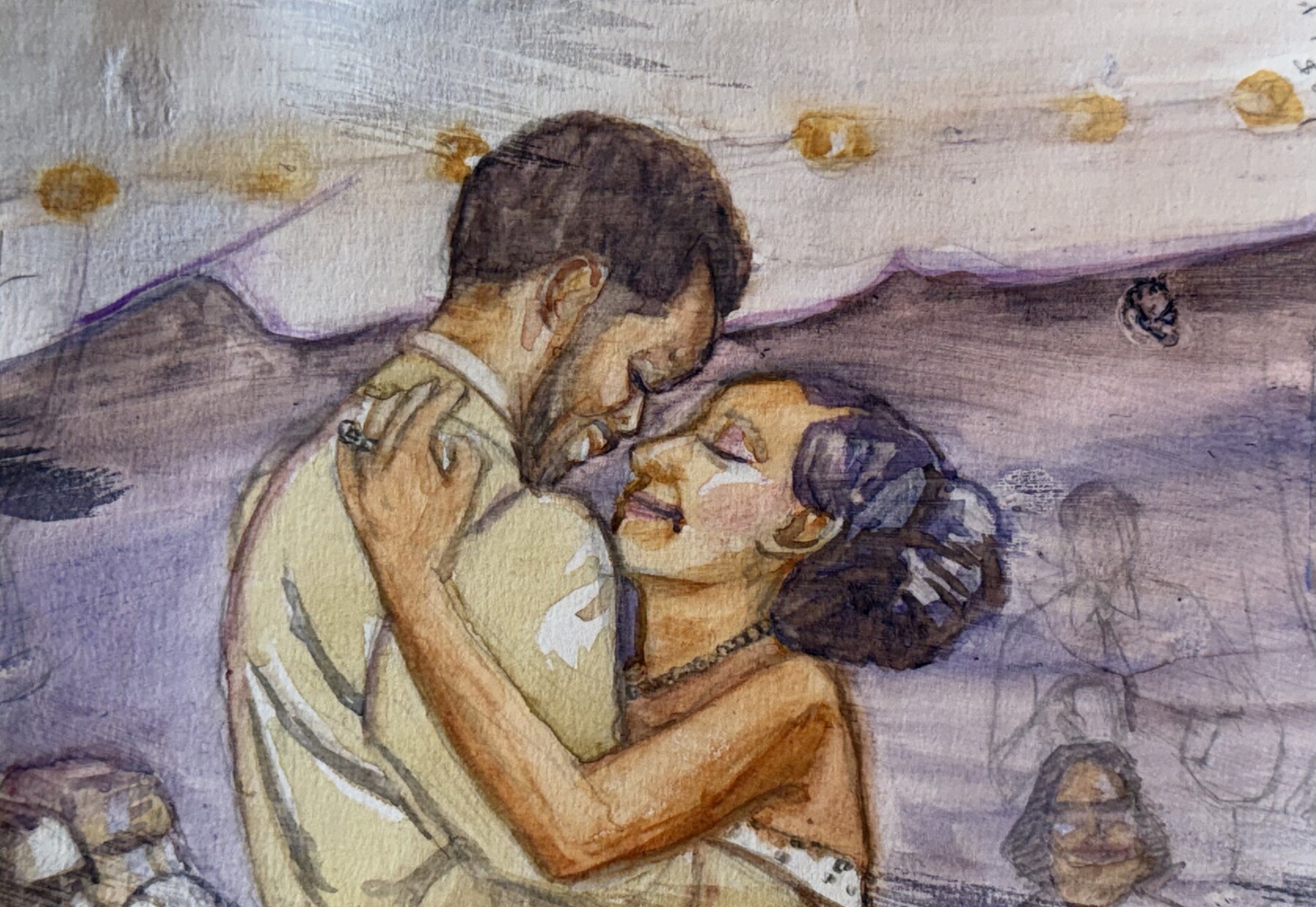 Watercolor wedding embrace painting